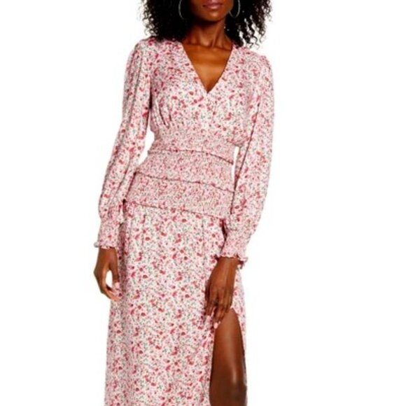 AFRM Hazel Smocked Floral Long Sleeve Midi Dress In Baby Pink Ditsy Size M NWT - Picture 2 of 11